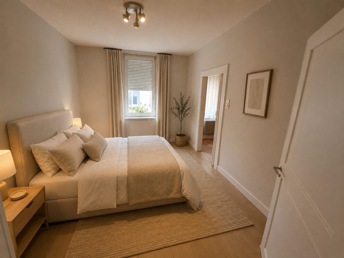 Projection — chambre rénovée, ambiance apaisée et lumineuse